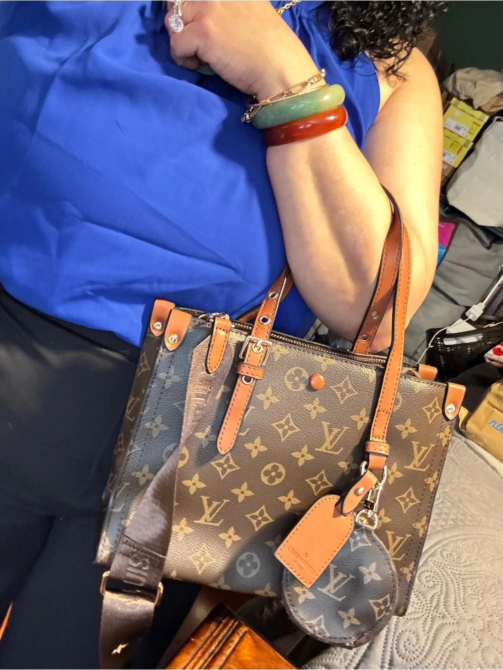 Handbag Monogram Canvas Brown & Tan Shoulder Bag with Leather Trim
